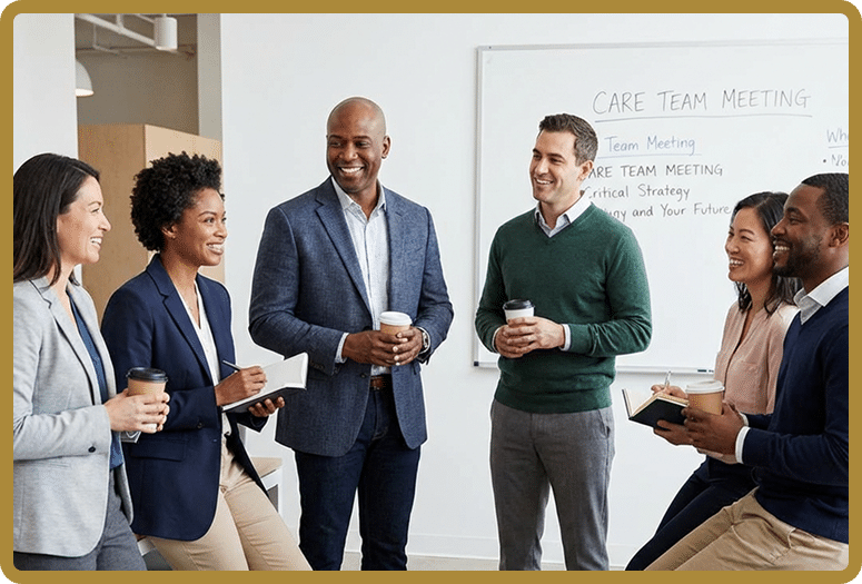 Diverse team of professionals standing in a circle, chatting with coffee cups, whiteboard behind reads 'Care Team Meeting'.
