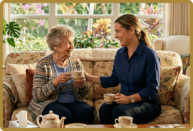 Two women share tea on a floral sofa, smiling as one pours from a teapot into a cup (homely living room scene).