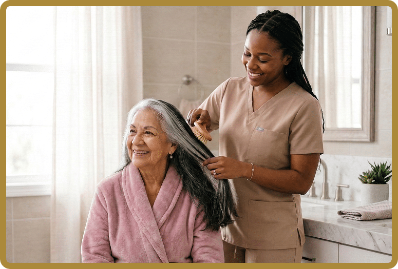 Caregiver brushes an elderly woman's hair as they sit in a bright bathroom.