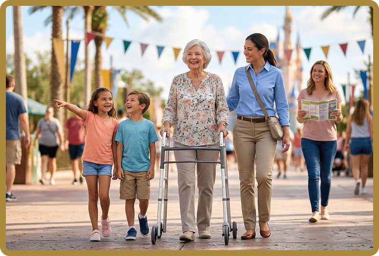 Elderly woman with a walker walking with two kids and a younger caregiver at a sunny outdoor festival with bunting.