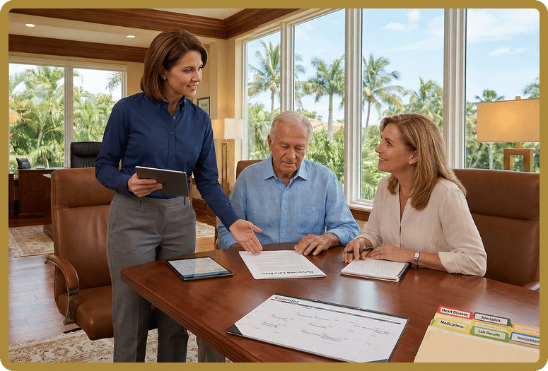 Woman standing with a tablet discusses documents with an older couple at a wooden conference table in a bright office setting with large windows.